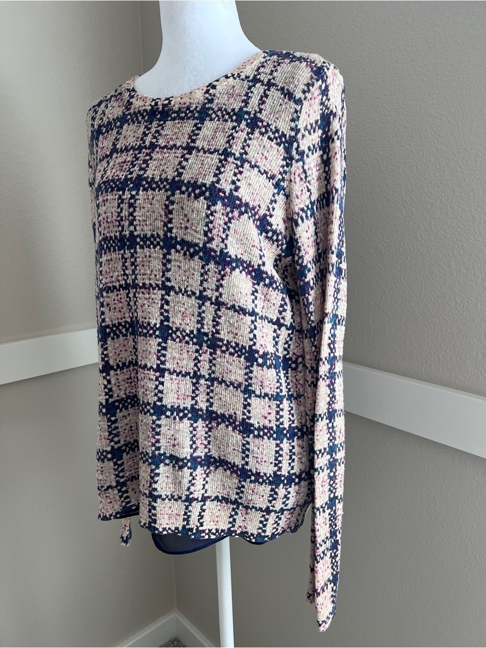 Lucky Brand Plaid Layered Split Back Chiffon Sweater - Size Medium